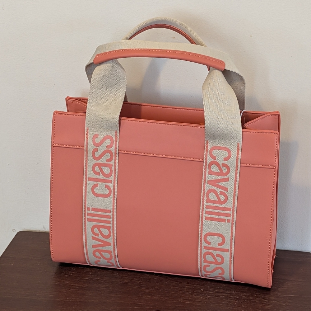 Cavalli Class Logo Tape Tote Bag  Coral/Peach